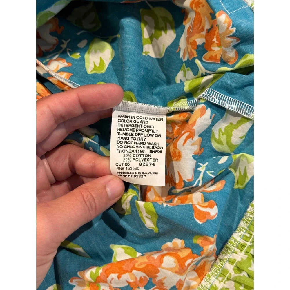 Eleanor Rose Girls Orange Teal Floral Striped Ruffle Dress Size 7-8 RHONDA 1198